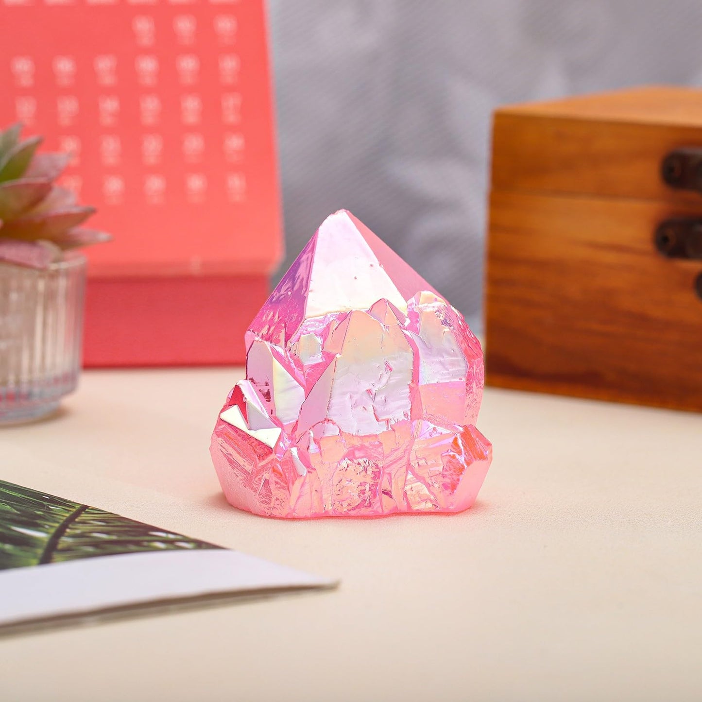 mookaitedecor Angel Aura Quartz Natural Rock Quartz Titanium Coated Crystal Points, Geode Rocks Crystal Cluster Stone Specimen for Meditation Home Decor, Pink