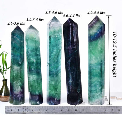 AMOYSTONE Extra Large Healing Crystal Obelisk Towers Green Purple Fluorite Point Wand Home Decor Reiki Healing 2.2-2.6LBS