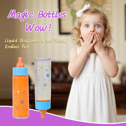 CARANOVO 6-Piece Baby Doll Feeding Set – Magic Bottles & Pacifiers for 10–24 Inch Dolls, Disappearing Milk & Juice Bottles, Pretend Play Accessories for Kids