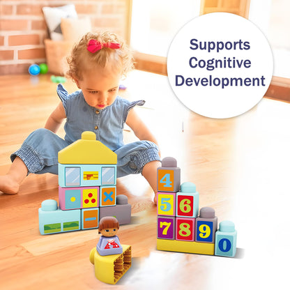 ROHSCE Baby Soft Blocks 34 PCS + Montessori Busy Board, Blocks 6-12 Months, STEM Stacking Toys, Sensory Activity Board Toddlers 1-3, Lights & Music, Travel Toy Airplane/Car, Gifts for Boys Girls