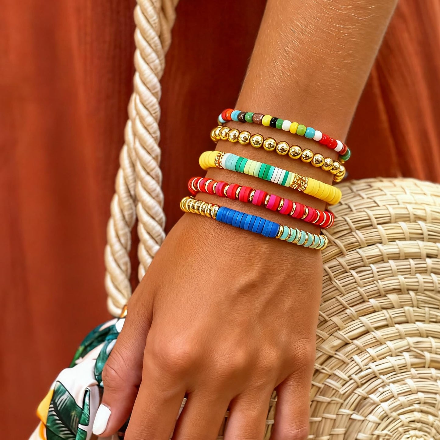 Bohxantium Gold Beaded Friendship Bracelets Stack for Women Boho Colorful Heishi Clay 14K Gold Plated Beads Ball Stackable Stretch Surfer Preppy Bracelet Jewelry Birthday Christmas Gifts for Women