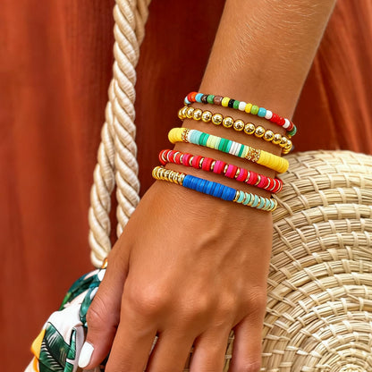 Bohxantium Gold Beaded Friendship Bracelets Stack for Women Boho Colorful Heishi Clay 14K Gold Plated Beads Ball Stackable Stretch Surfer Preppy Bracelet Jewelry Birthday Christmas Gifts for Women