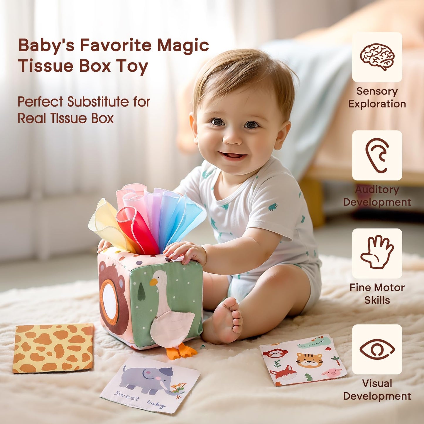 Youuys Baby Toys 6-12 Months Toys （ Montessori Toys Baby Tissue Box Sensory Toys & Jungle Soft Stuffed Animal Set with Rattle） - Toddlers Sensory Montessori Toy for 6 12 18 Months