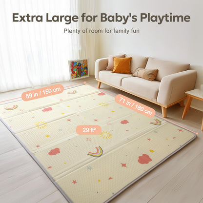 Mallify Extra Large Foldable Play Mat, Reversible Baby Play Mat with Edge Reinforcement, Non-Toxic & Waterproof Baby for Floor, Foam Playmat with Travel Bag, Rainbow, Cloud & Moon, 71"x59"