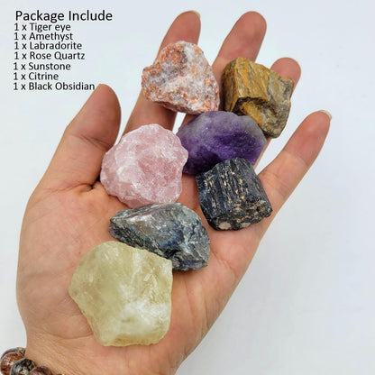 7Pcs Energy Crystals for Good Fortune Natural Raw Crystals Set of Black Tourmaline,Amethyst,Labradorite,Rose Quartz,Citrine,Sunstone,Tiger's Eye (Crystals for Good Fortune)