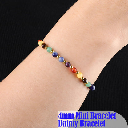 QOGIR 7 Chakra - Activate The Chakras - 14K Gold Plated Beads Natural Gemstone Stretch Elastic Dainty Healing Beaded Bracelets Gifts 4mm