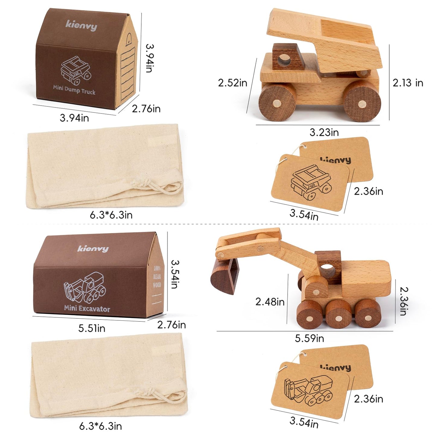 kienvy Wooden Toy Cars for 3 Year Old Boys & Girls - Construction Vehicles Set Push Toys for Toddlers, Wood Montessori Car with Rolling Wheels, Natural Wood Toys (Excavator & Dump Truck)
