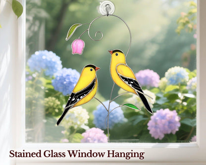 Iricrist Goldfinch (1 Pair) Stained Glass Birds Suncatcher for Mom, Grandma, Women - Real Glass Window Hanging Ornament - Handmade Bird Lover Home Decor (Gifts Ready Packaging)