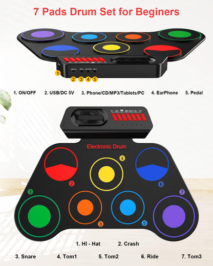 AiJoy Portable Electronic Drum Set for Kids – 7 Pads, Built-in Speaker, Rechargeable Roll-Up Drum Kit with Headphone Mode & Demo Songs – Ideal Xmas Gift for Beginners & Children