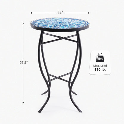 VONLUCE Mosaic Side Table and Plant Stand, 21" Round End Table with 14" Ceramic Tile Top, Indoor & Outdoor Accent Table, Porch Patio Furniture, Entryway & Coffee Table for Home & Garden, Blue Mandala