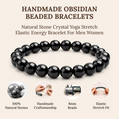 Elm City Direct 8mm Natural Stone Beaded Bracelet – Unisex Crystal Stretch Bracelets for Men & Women, Chakra & Healing Jewelry, Gift-Ready Beaded Bracelets (Obsidian, 8mm)