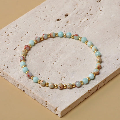 QOGIR Imperial Jasper - Stone of Success - 14K Gold Plated Beads Natural Gemstone Stretch Elastic Dainty Healing Beaded Bracelets Gifts 4mm