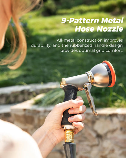 Retractable Garden Hose Reel, 5/8 in x 130ft Heavy Duty Wall Mount Water Hose Reel with Metal Bracket & 9-Pattern Metal Nozzle, Any Length Lock, Slow Retraction and 180° Swivel