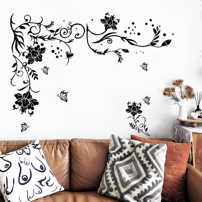 Supzone Flowers & Butterflies Wall Decals - DIY Black & Floral Wall Stickers for Bedrooms & Living Rooms