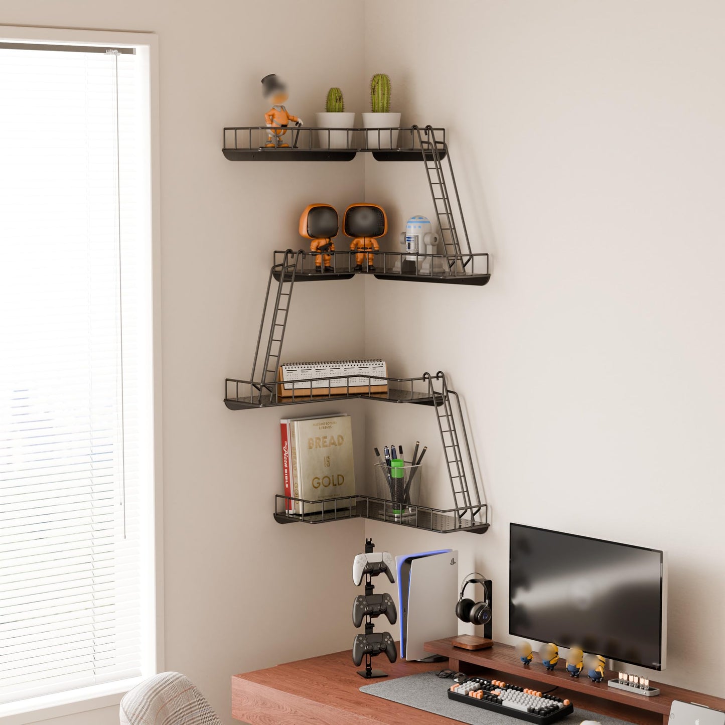 WOPITMER Fire Escape Wall Shelf - Modern City Style 4-Tier Corner Wall Shelves, Easy to Install Metal Ladder Shelf for Figures, New York Decorative Shelves for Bathroom, Living Room & Home Decor,Black