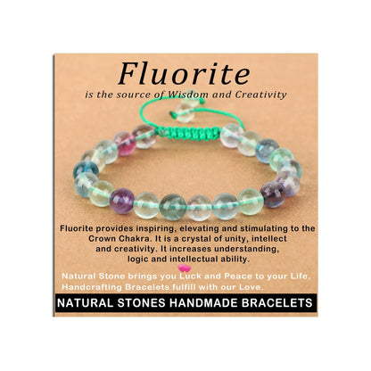 8mm Fluorite Bracelet - Stone of is the source of Wisdom and Creativity - Handmade Natural Stone Crystal Bracelet with Adjustable Macrame String - Yoga Healing Power Energy Gifts for Men and Women