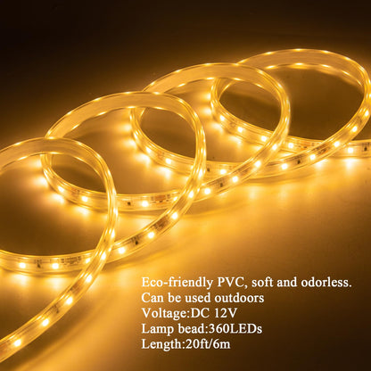 JUNWEN 20FT Warm White Rope Lights Outdoor, 12V IP65 Waterproof Led Rope Lights Indoor Cuttable, Flexible Led Strip Lights Cuttable Plug-in for Patio Deck Bedroom Kitchen Bedroom Christmas