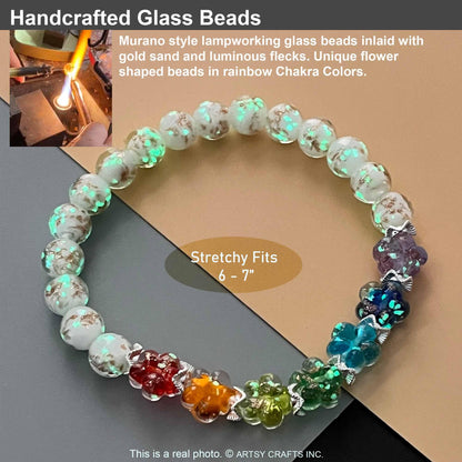 ARTSY Crafts Glow in the Dark Firefly Beads Bracelet for Women, Luminous Glass Beads Healing Crystal Glowing Beaded Bracelets, Mermaid Bracelet Stretch Bangle Wristband (Chakra White)