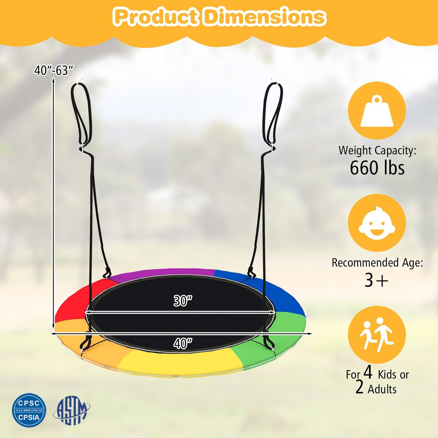 GLACER 40" Flying Saucer Tree Swing, 660 lbs Capacity Indoor Outdoor Hanging Round Swing with LED Lights, Adjustable Hanging Ropes, Ideal Gifts for Kids & Adults (Colorful)