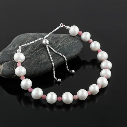 CRYSTALIS Natural Pink-Tourmaline And Freshwater Pearl Beaded Bracelet, Elegant Beads Crystal, Chakra Bracelet, Healing Bracelet, Gemstone Jewelry, 925 Sterling Silver Slider 10 inch