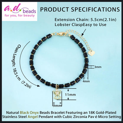 Natural Gemstone Healing Crystal Black Onyx Dainty Charms Angel Bracelet Adjustable Chain Extender Minimalist Jewelry