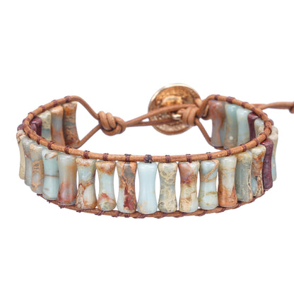 Plumiss Handmade Natural Agalmatolite Stone Bracelet for Men Women - Boho Leather Wristband with Adjustable Drawstring Closure, Unique Earthy Tones Healing Crystal Jewelry for Casual Wear & Gifting