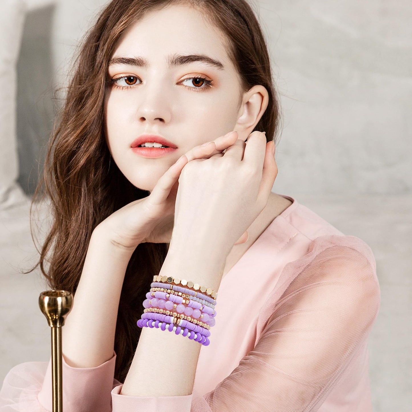 GOOJIDS Purple Surfer Heishi Clay Bead Bracelets for Women Bohemian Stackable Gold Plated Beaded Stretch Bracelets Elastic Layering Friendship Bracelets Set Boho Jewelry
