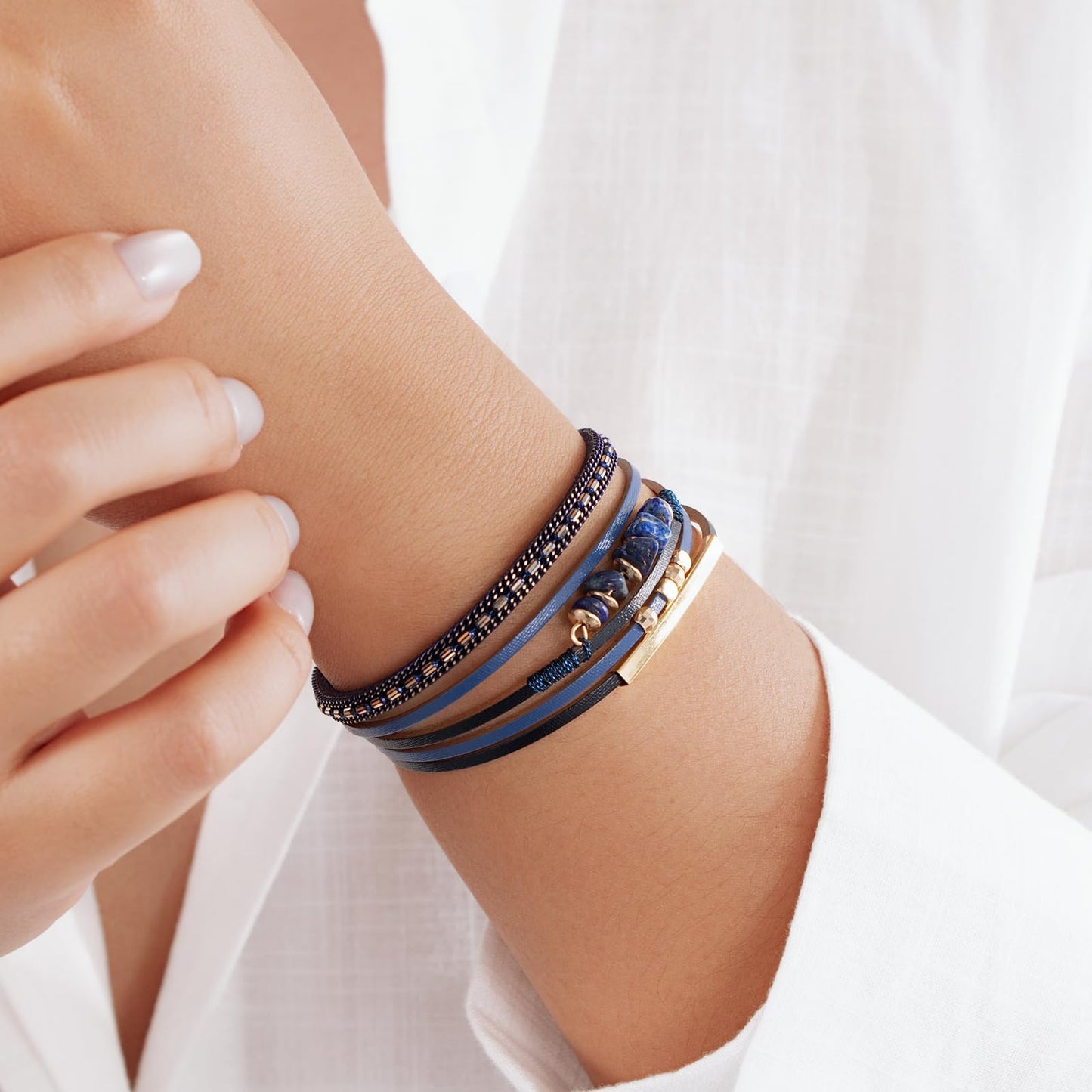 Becklynn Boho Gemstone Beaded Leather Wrap Bracelets Stackable Chunky Cuff Bracelet Western Jewelry Hippie Cowgirl Cowboy Accessories Country Concert Outfits for Women(Navy Blue)