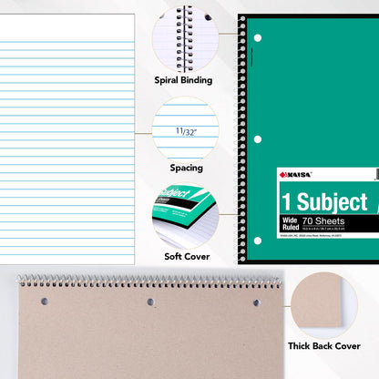 Kaisa Spiral Notebooks 1 Subject Note Books,70 Sheets 6 Vibrant Color Options, 4 Pads Per Color – Abundant Stock for All Your Needs 10.5x8in Wide Ruled, Paper Note Books Home School Supplies for Students Office, 1Carton of 24Books