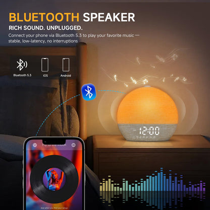 Geuuap Sunrise Alarm Clock White Noise Sound Machine for Bedroom | Natural Wake-Up Light with 30 Soothing Sleep Aids, Bluetooth Speaker, Dimmable Clock, Screen-Free Design for Baby Adults Kids-Khaki