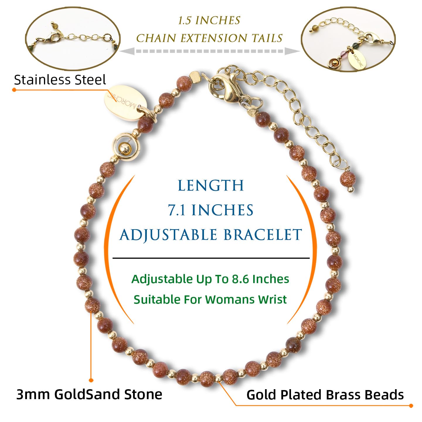 Morchic 3mm Goldstone Natural Gemstone Beaded Bracelet for Women, Dainty Tiny Charm Jewelry, Adjustable 7.1-8.6", Ideal Birthday Holiday Gift