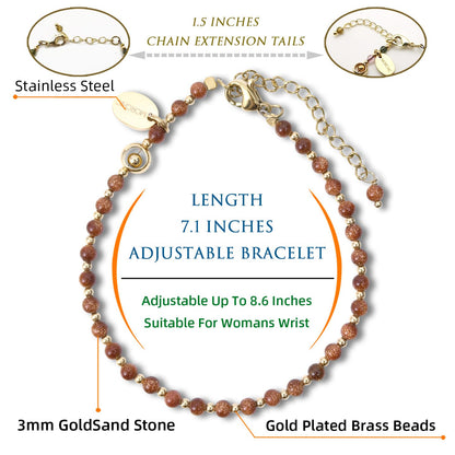 Morchic 3mm Goldstone Natural Gemstone Beaded Bracelet for Women, Dainty Tiny Charm Jewelry, Adjustable 7.1-8.6", Ideal Birthday Holiday Gift