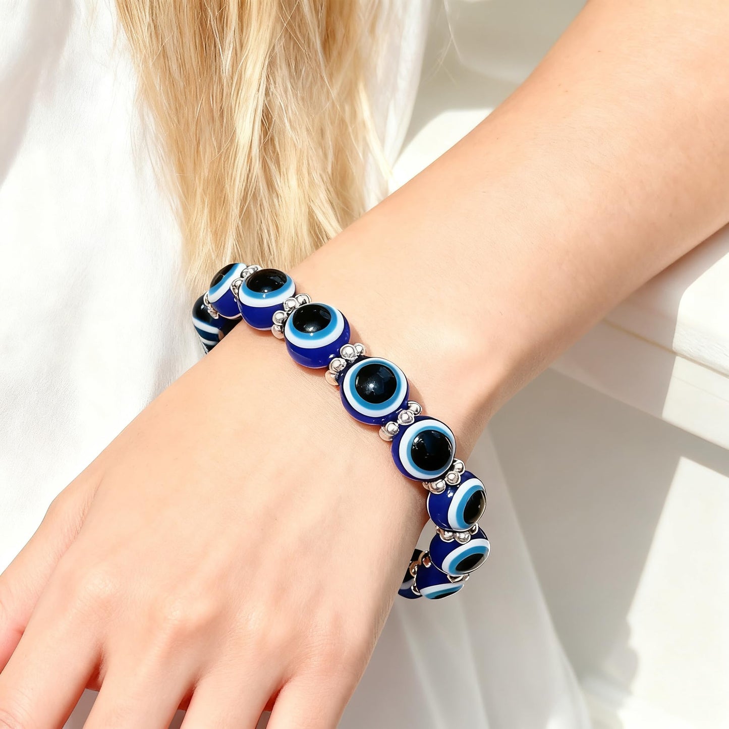 Cryhand Female 8mm Beaded Bracelets For Women 2PCS Evil Eyes Bracelet for Men Handmade Lucky Money Stretchy Crystal Bracelets Best Gifts