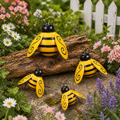 Miyolo Metal Bumble Bees Garden Outdoor Decor Honey Bee Yard Art Outside Patio Fence Home Wall Decorations (Set of 4)