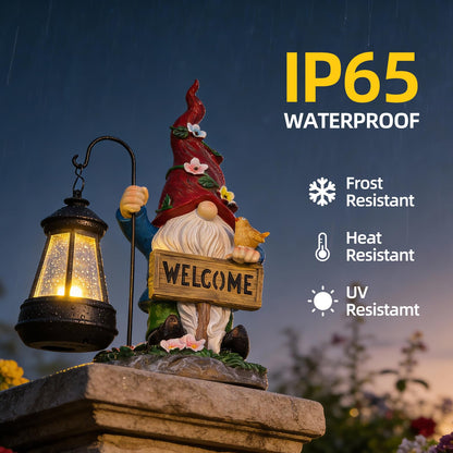 Garden Decor Gnomes Outdoor Statue with Solar Lights-Solar Garden Gnomes Decorations for Patio Lawn Yard Balcony with Lantern,Welcome Sign with Butterfly Flower, Birthday Gifts for Women Mom Grandma