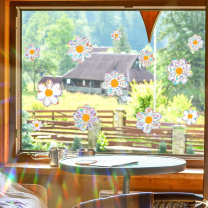 12pcs Spring Summer Daisy Window Stickers, Double-Side Glass Decals Shiny Rainbow Prism Anti Collision Window Clings for Mirror Glass Display Shop Office School Supplies Reusable