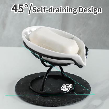 Dobbyby Leaf-Shaped Soap Dish – Premium Ceramic Soap Bar Holder with Self-Drainage System – Bar Soap Holder for Shower, Bathroom Sink, Kitchen – Waterfall Soap Dish with Stainless Steel Stand (Black)