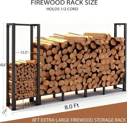 Shomextol 8ft Large Firewood Rack Outdoor, Heavy Duty Metal Wood Rack with Kindling Storage - For Indoor & Outdoor Fireplace, Wood Pile Organizer,Black