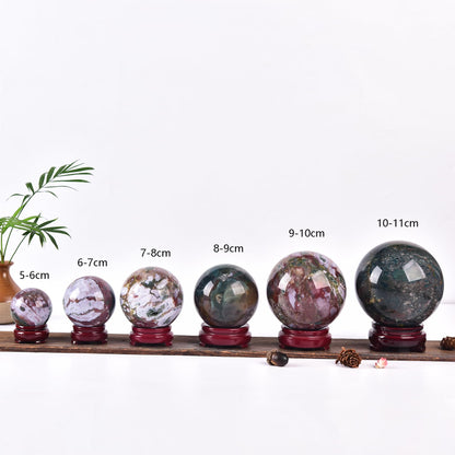 JIC Gem Ocean Jasper Crystal Ball with Wooden Stand Healing Crystal Sphere Ball for Feng Shui Decor Spiritual Gifts 70-80mm