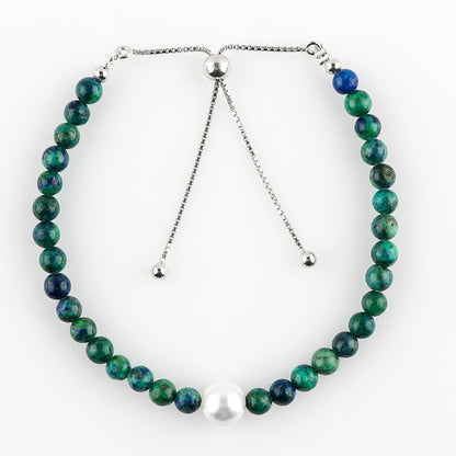 CRYSTALIS Natural Malachite Azurite Beads Slider Bracelet with Elegant Pearl, High Grade Beaded Crystals, Chakra Healing Gemstone, Gift Giving Women Jewelry, 925 Sterling Silver Slider 10 inch
