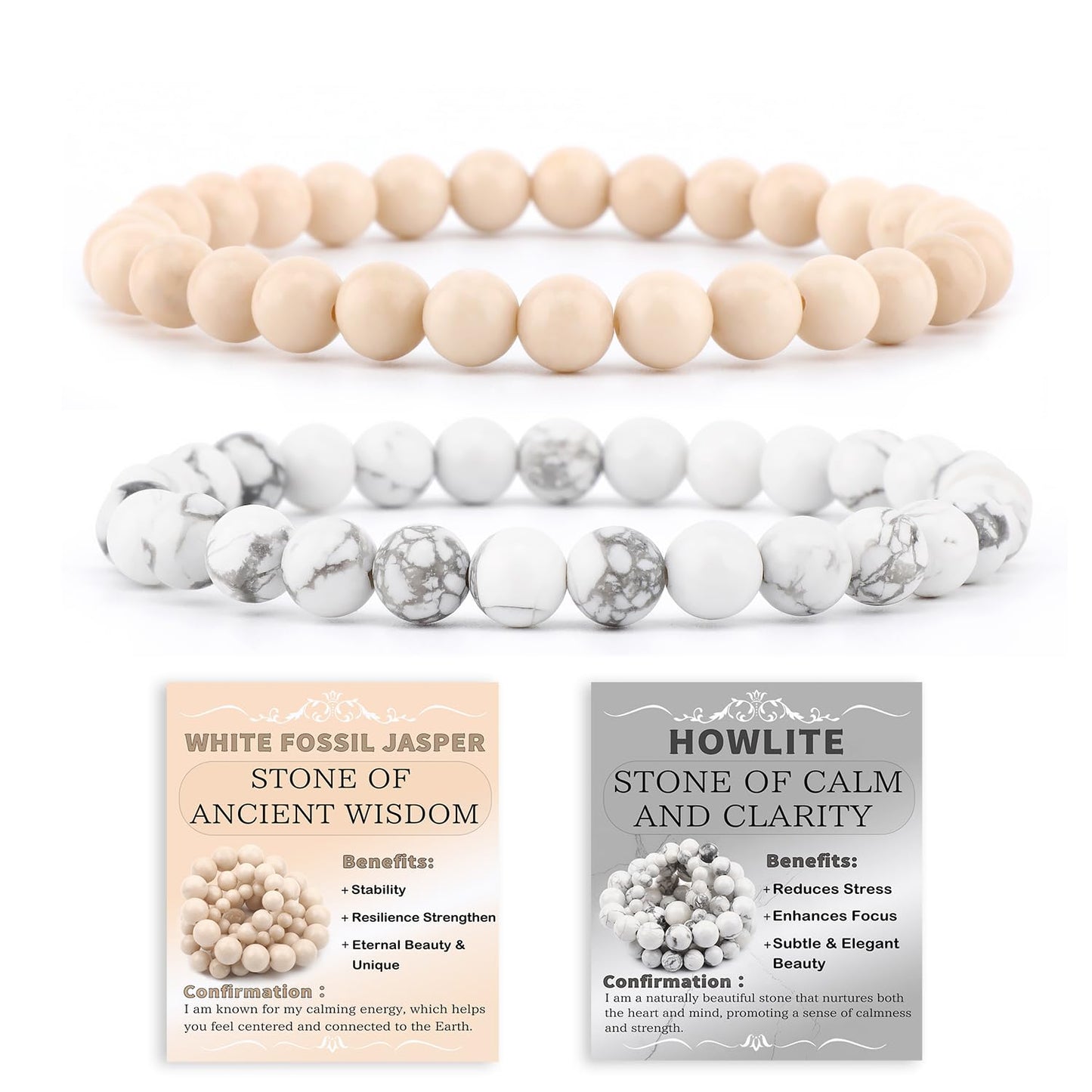 NCB 2-Piece 6mm Natural Crystal Gemstone Stretch Bracelets – ﻿Howlite, White Fossil Jasper Handmade Reiki Energy Healing Jewelry for Meditation,Yoga, Unisex