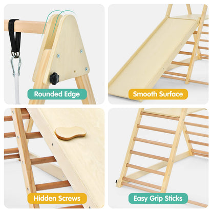 OLAKIDS Indoor Jungle Gym 4 in 1 Foldable Toddler Wooden Montessori Baby Climbing Toys with Swing Slide Ramp Ladder for Kids Playground Climb Activity Play Structure
