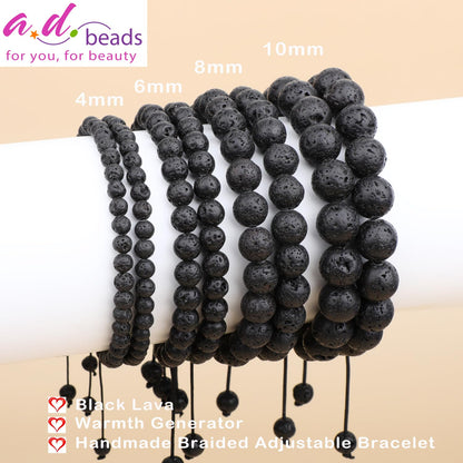AD Beads 8mm Black Lava - Warmth Generator - Handmade Natural Stone Crystal Bracelet with Adjustable Macrame String - Yoga Healing Power Energy Gifts for Men and Women