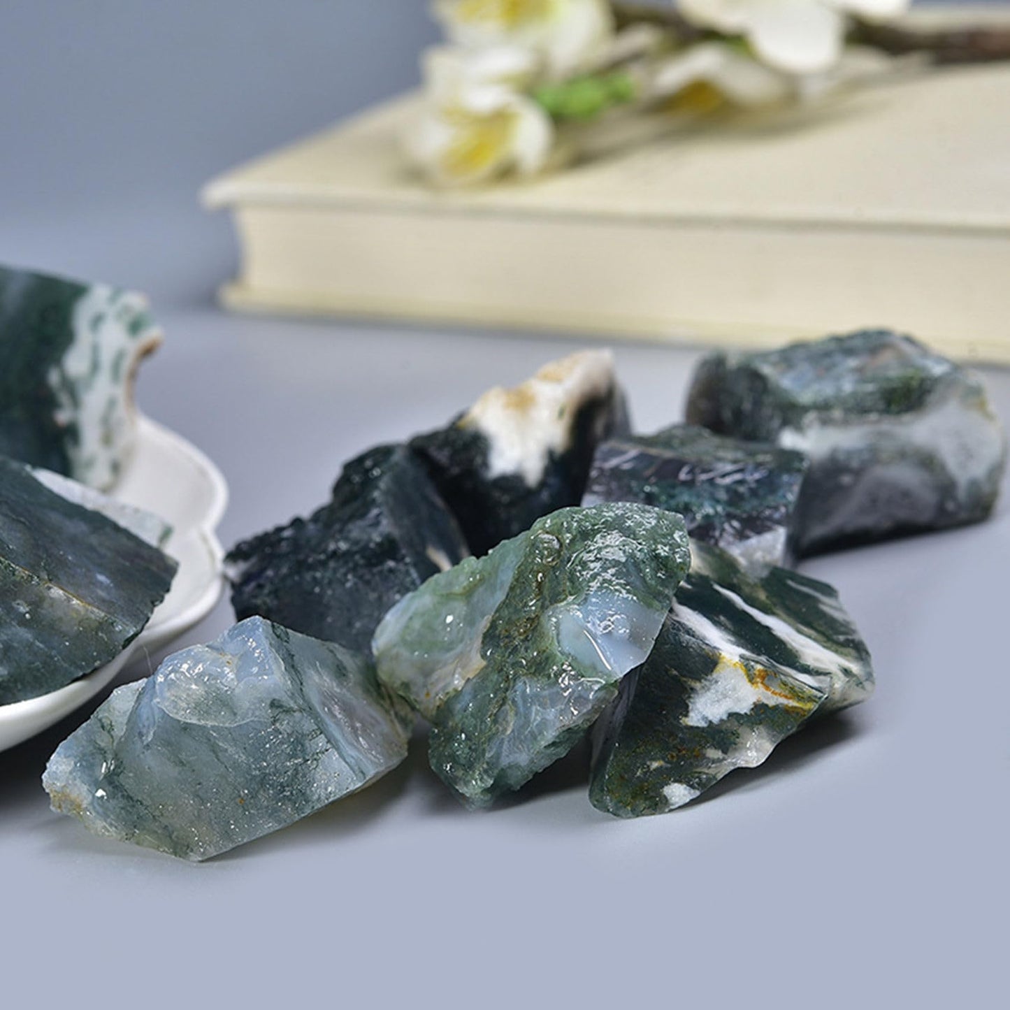 Moss Agate Raw Crystals Healing Crystals Natural Rough Stones 1.2-2" for Tumbling, Fountain Rocks, Yoga, Meditation, Polishin, Gift 28