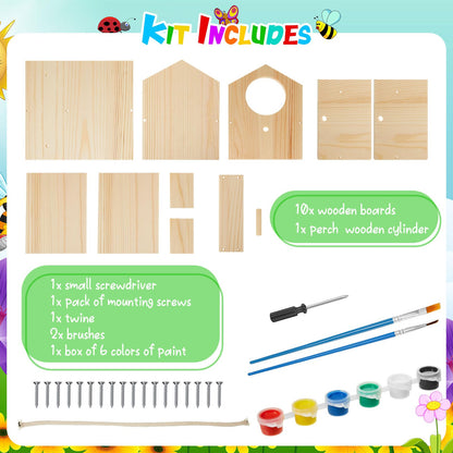 Liliful 4 Pack DIY Wooden Birdhouse Kit, Crafts for Kids and Adults, Bird House with Paint and Paintbrushes Painting Kits for Boys and Girls, Spring Birthday Classroom Gifts for Ages 4-8