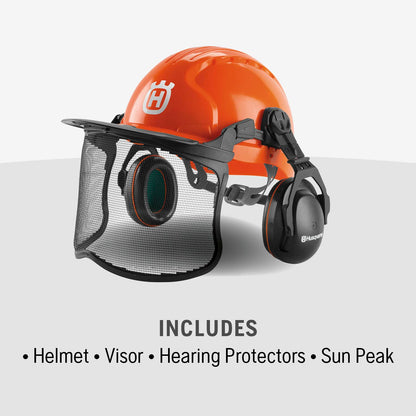 Husqvarna 592752601 Chainsaw Helmet with Metal Mesh Face Shield, Adjustable Ear Muffs for Hearing Protection, and Sun Peak, HDPE Forestry Helmet Shell, Orange
