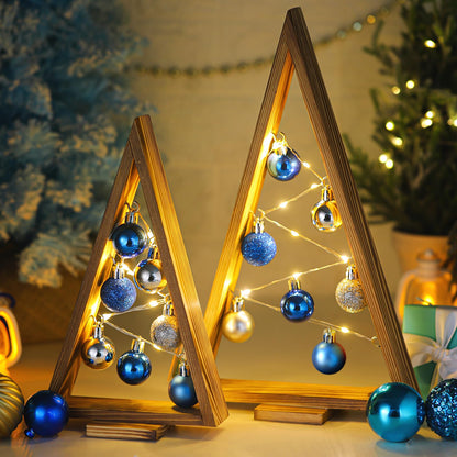 Hungdao 2 Pack Wooden Christmas Tree with Lights and Balls Modern Farmhouse Christmas Table Centerpiece Tabletop Decor for Winter Fireplace Mantle Shelf Home Decor(Blue, Silver)