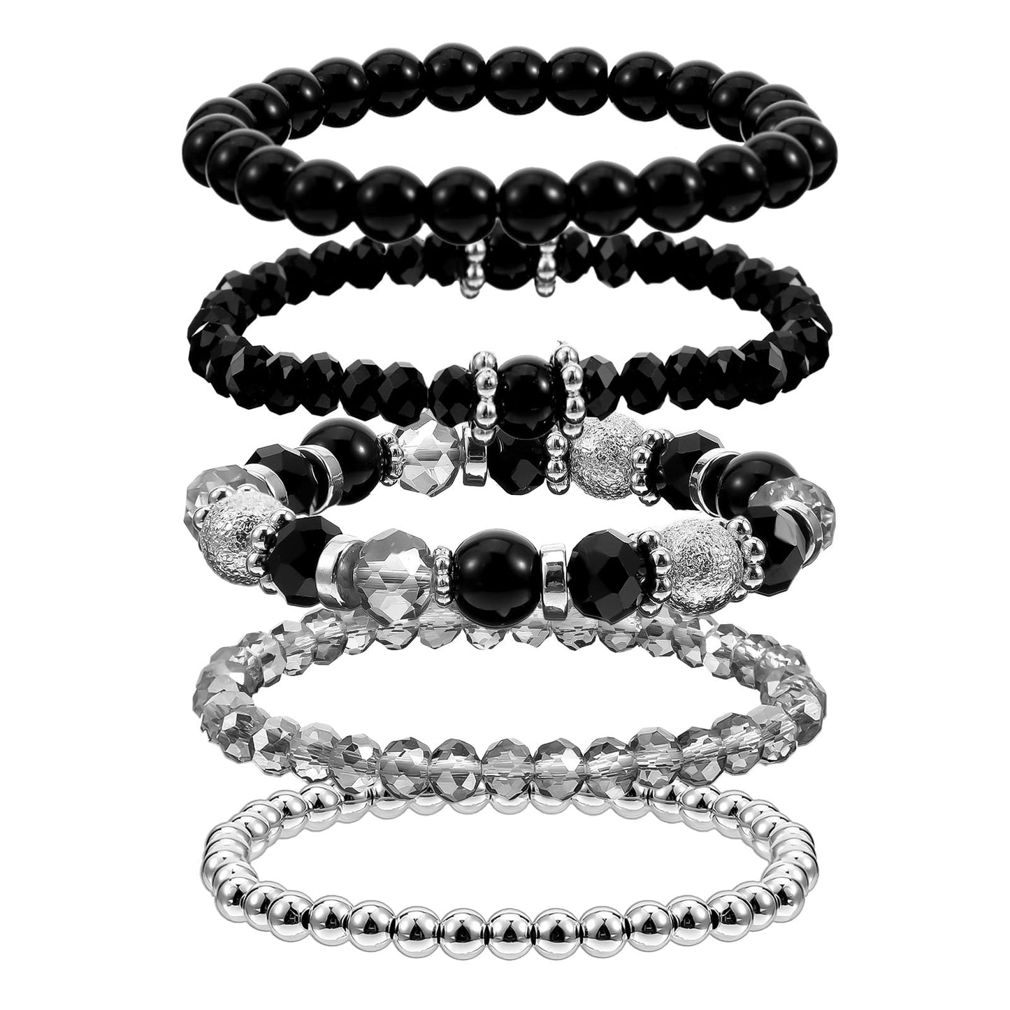 Ouligay 5 PCS Black Beaded Bracelets for Women Men Stackable Bracelet Gothic Crystal Bead Bracelets Stretch Layering Bracelet Anxiety Stress Relief Jewelry Gifts
