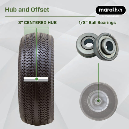 Marathon 00026 Flat Free 2.80/2.50-4 Tire and Wheel Assembly, 3” Centered Hub, 1/2” Ball Bearings, Replacement Tire for Casters, Utility Carts and Other Equipment, Easy Install Assembly