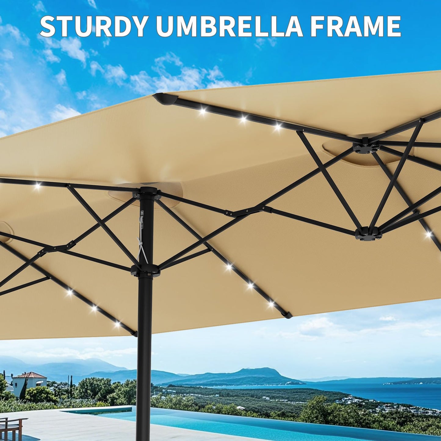 GarveeTech 15FT Solar Patio Umbrella with 36 LED Lights, Weighted Base Included, Tilt and Crank Market Umbrella for Backyard, Garden, Deck, Pool, Beach, Beige